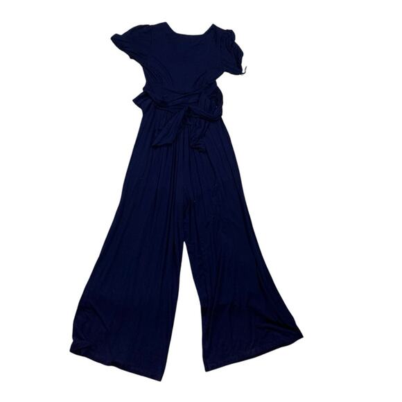 Maeve women's medium Anthropologie Blue Wrap-Style Jumpsuit crop Wide-Leg Pants - Picture 4 of 12